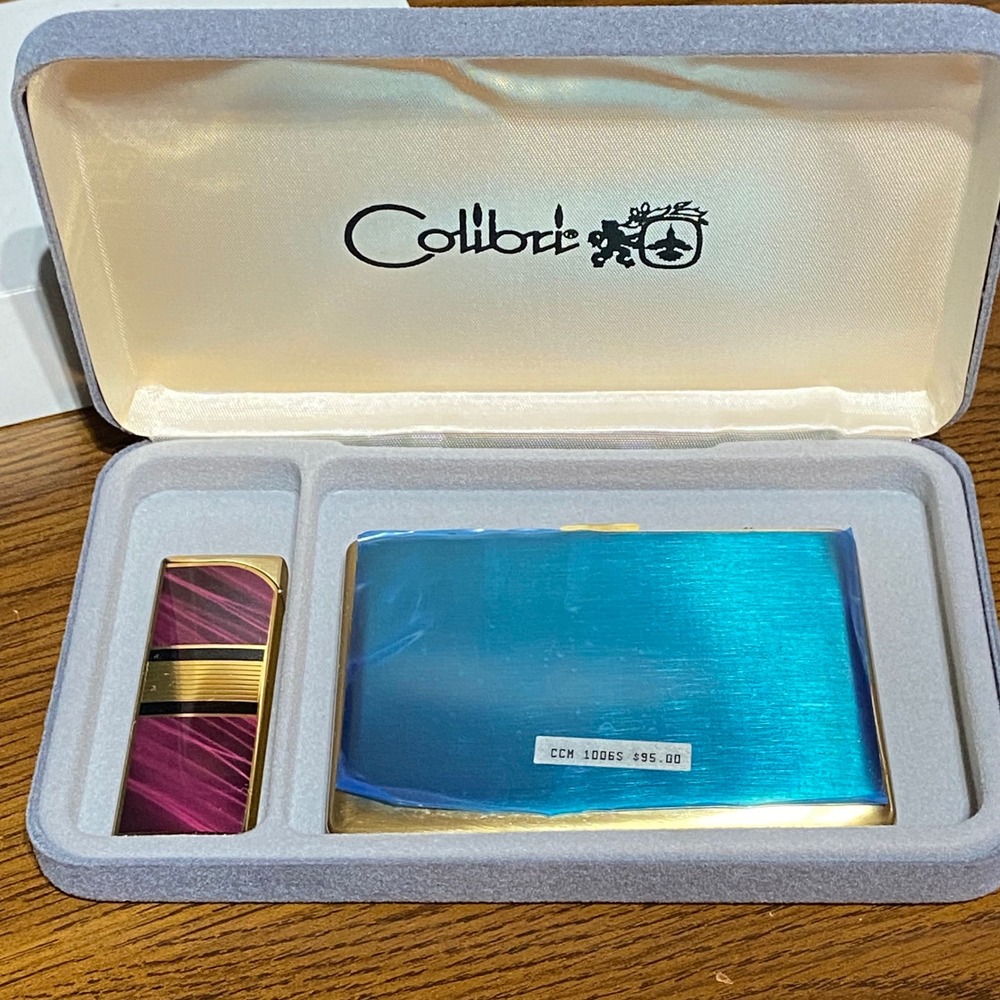 Colibri Vintage Gold Tone Pink Striped Lighter and Cigarette Case Set CCM-1006-S - Picture 3 of 10